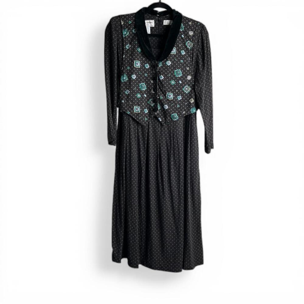 Vintage Long Sleeve Midi Dress with Velvet Collar and Tie Waist